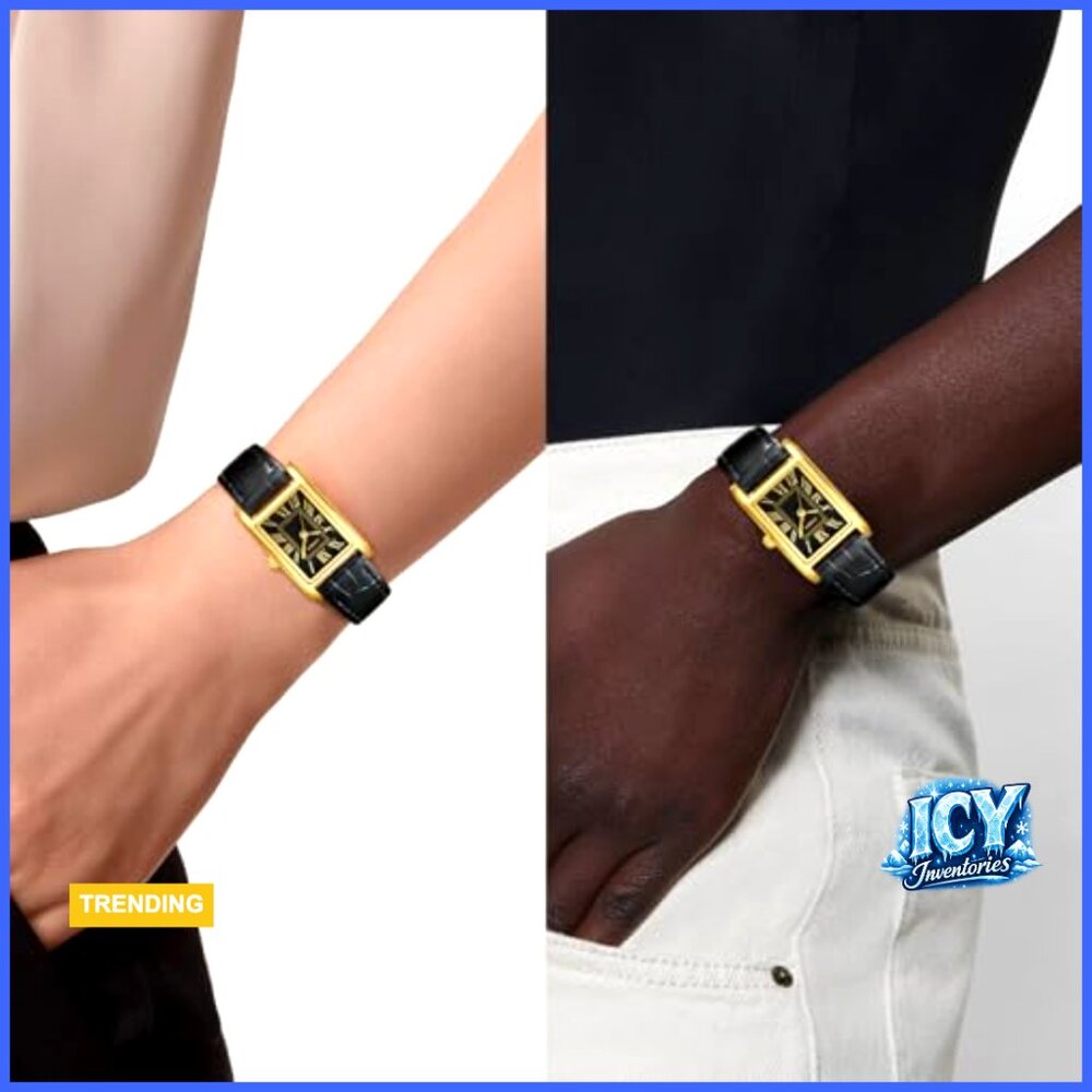 Rectangular Analog Quartz Watch With Leather Stra… - image 6